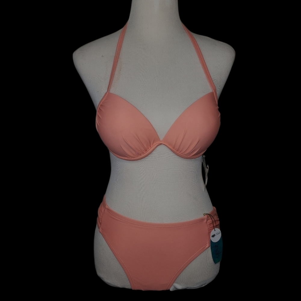 Mynah 2PC Bikini Swimsuit Set Peach SMALL Molded Push-up Top Hipster Hi-Cut NWT